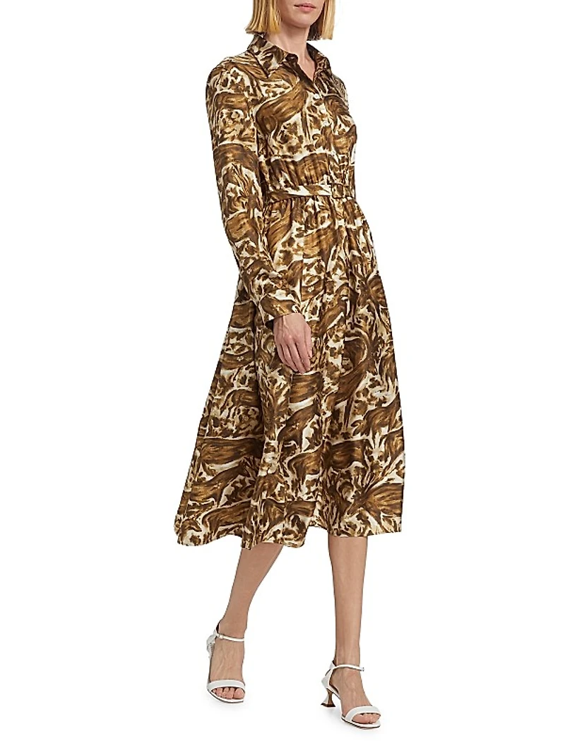 Printed Silk Pleated Midi-Shirtdress