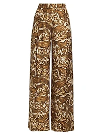 Abstract Horse-Print Silk Straight-Leg Pants
