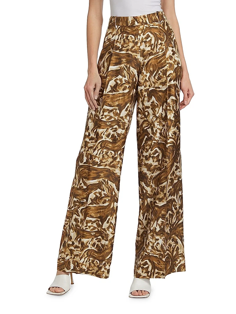 Abstract Horse-Print Silk Straight-Leg Pants