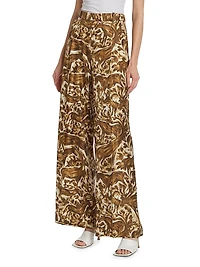 Abstract Horse-Print Silk Straight-Leg Pants