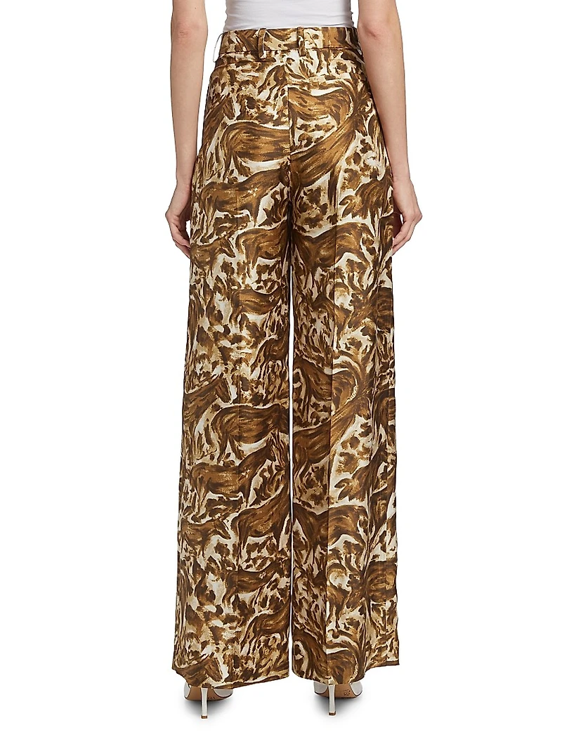 Abstract Horse-Print Silk Straight-Leg Pants