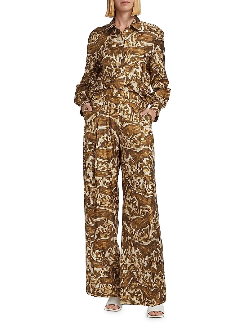 Abstract Horse-Print Silk Straight-Leg Pants
