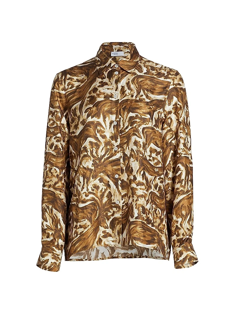 Abstract Horse-Print Silk Long-Sleeve Shirt