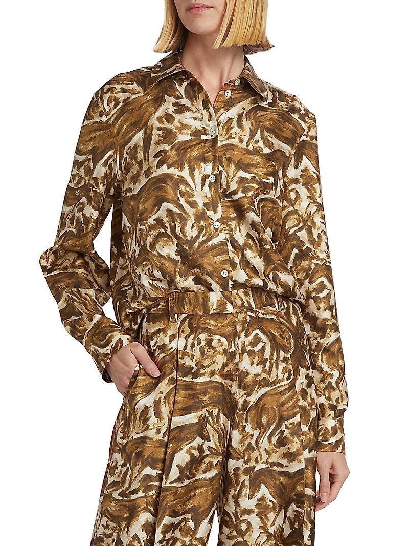 Abstract Horse-Print Silk Long-Sleeve Shirt
