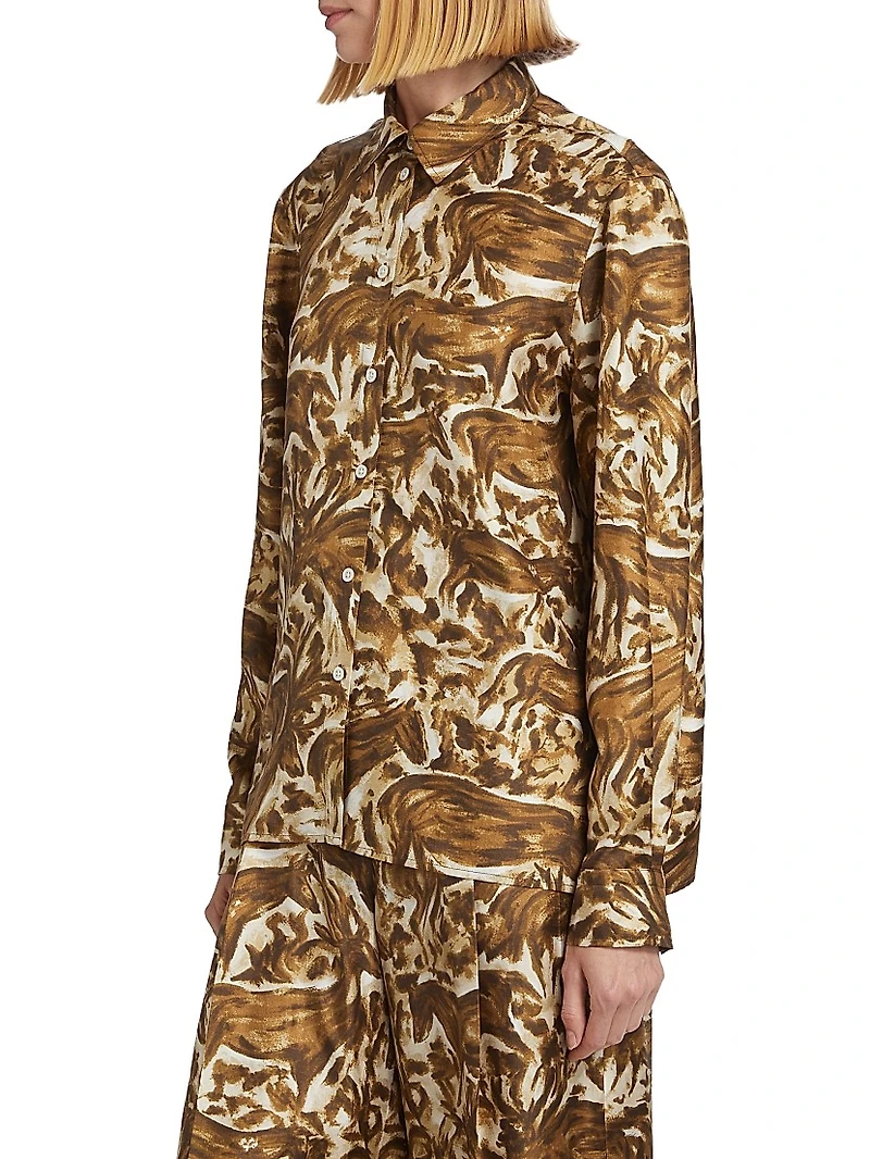 Abstract Horse-Print Silk Long-Sleeve Shirt