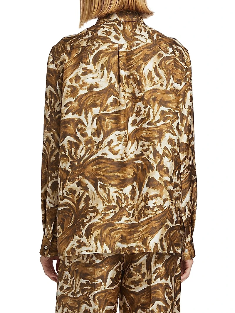 Abstract Horse-Print Silk Long-Sleeve Shirt
