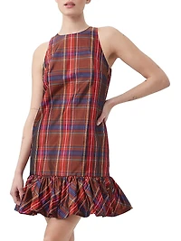 Berry Plaid Puff-Hem Dress