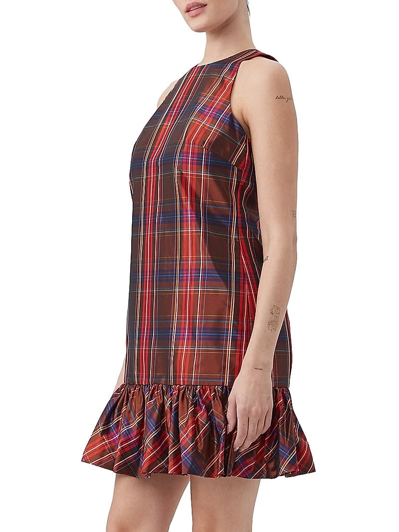 Berry Plaid Puff-Hem Dress