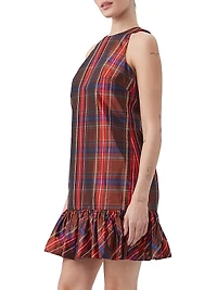 Berry Plaid Puff-Hem Dress