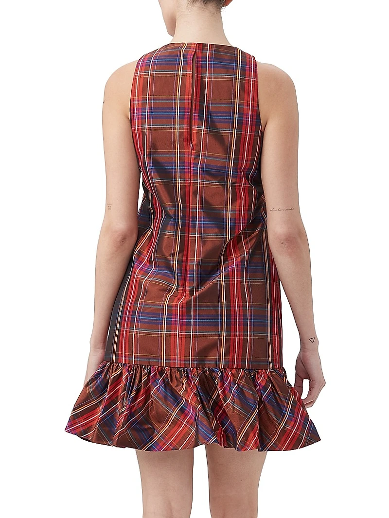 Berry Plaid Puff-Hem Dress