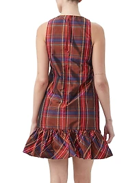 Berry Plaid Puff-Hem Dress