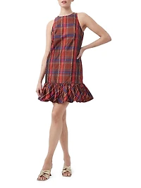 Berry Plaid Puff-Hem Dress