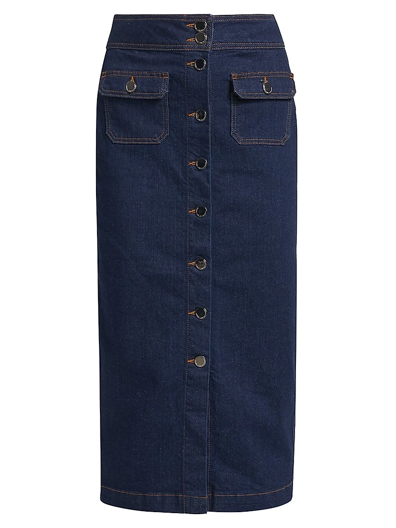 Jewel Denim Button-Up Midi-Skirt