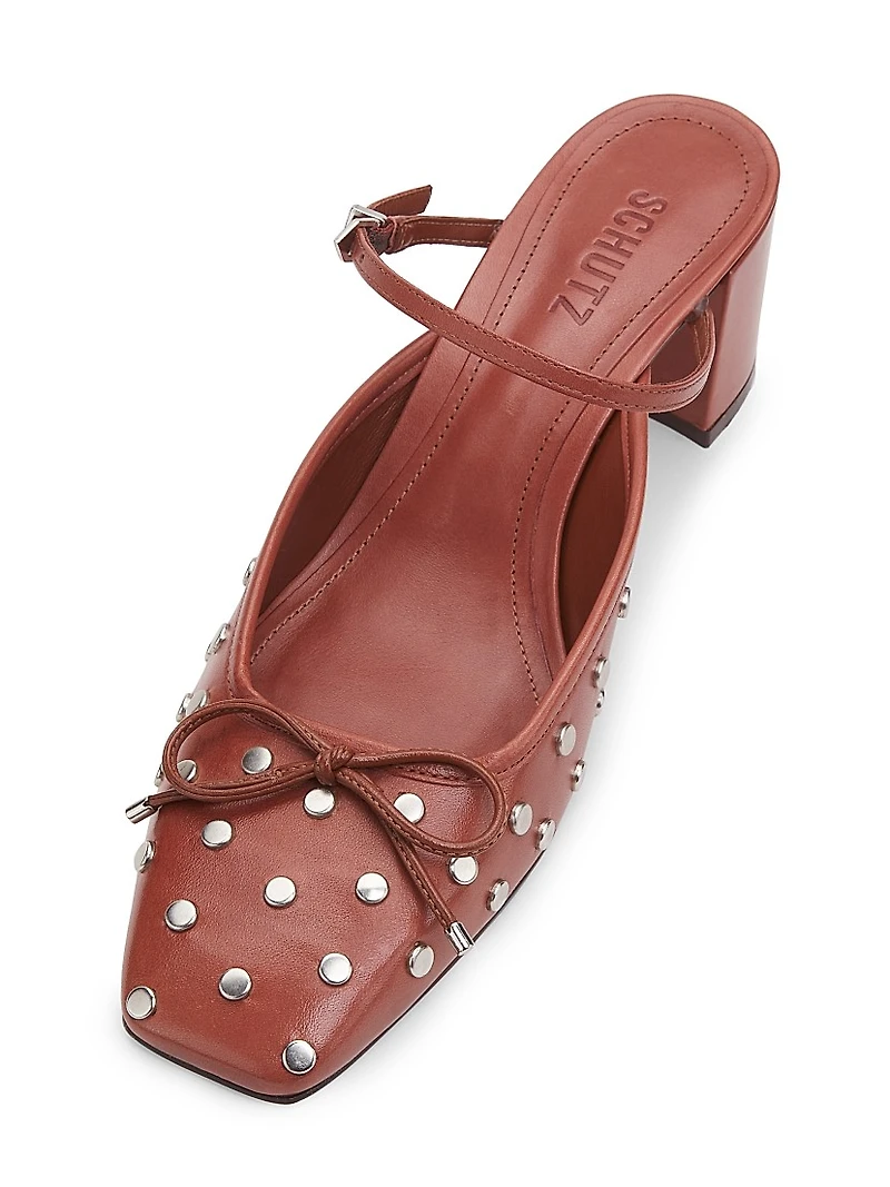 Arissa Studded Leather Block-Heel Mules