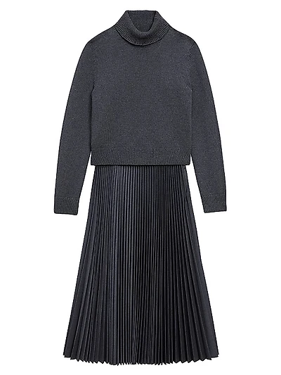 Turtleneck Wool-Blend Pleated Sweaterdress