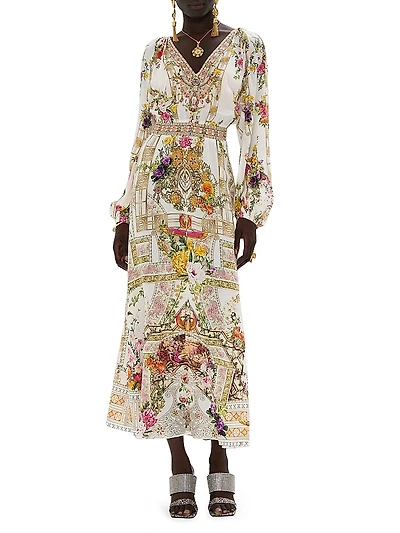 Egyptian Rose Silk Shirred Midi-Dress