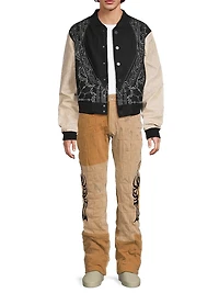 Gathered Abstract Cotton Straight-Leg Trousers