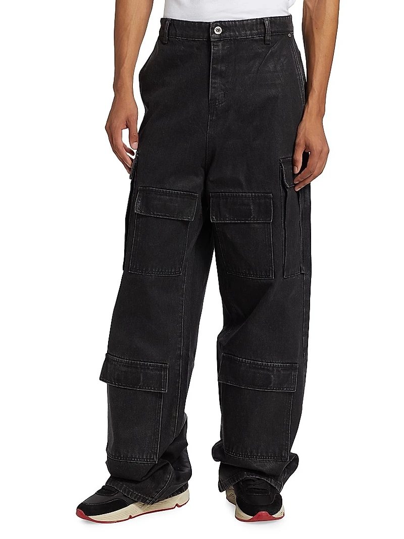 Waxed Cotton Wide-Leg Cargo Pants