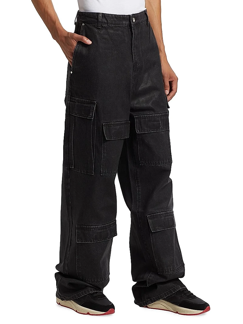 Waxed Cotton Wide-Leg Cargo Pants