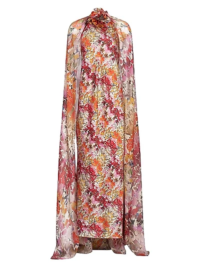 Sabina Floral Stretch-Silk Cape-Sleeve Gown