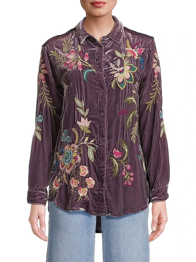 Julianna Embroidered Velvet Oversized Shirt