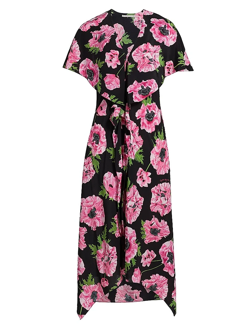 Poppy Print Silk Midi-Dress