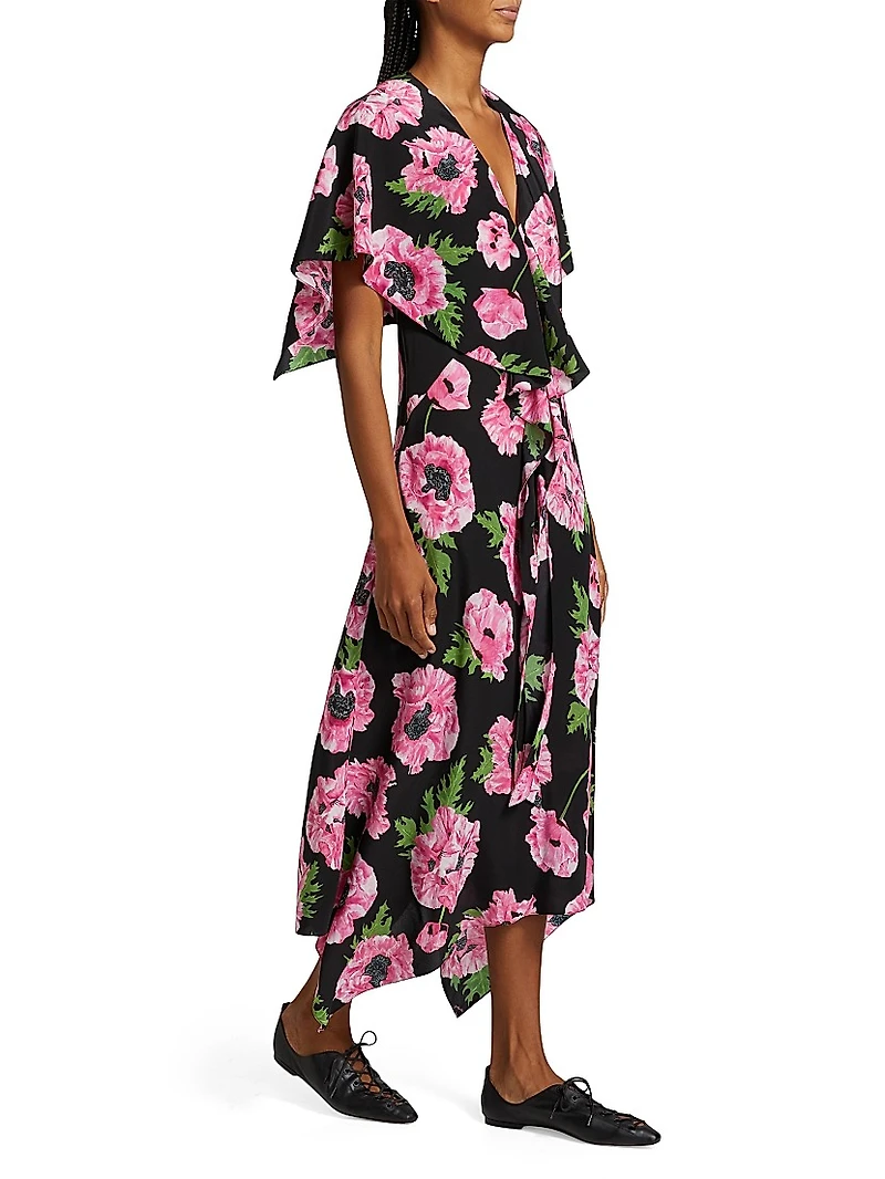 Poppy Print Silk Midi-Dress