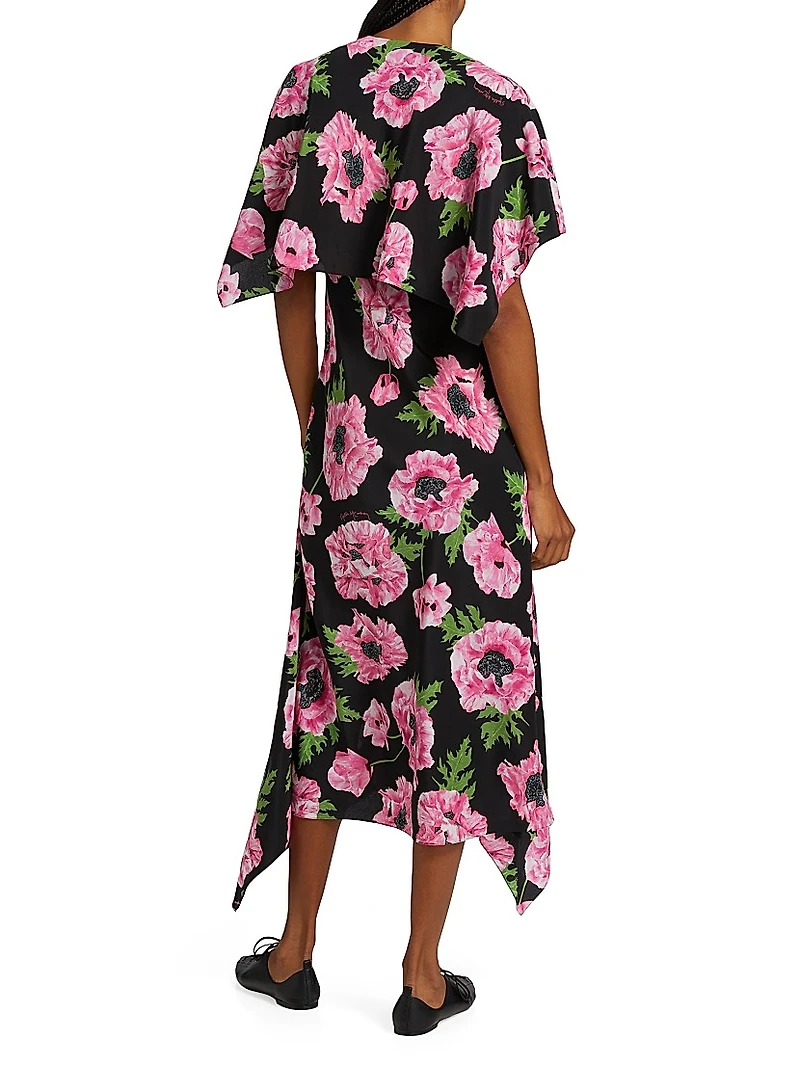 Poppy Print Silk Midi-Dress
