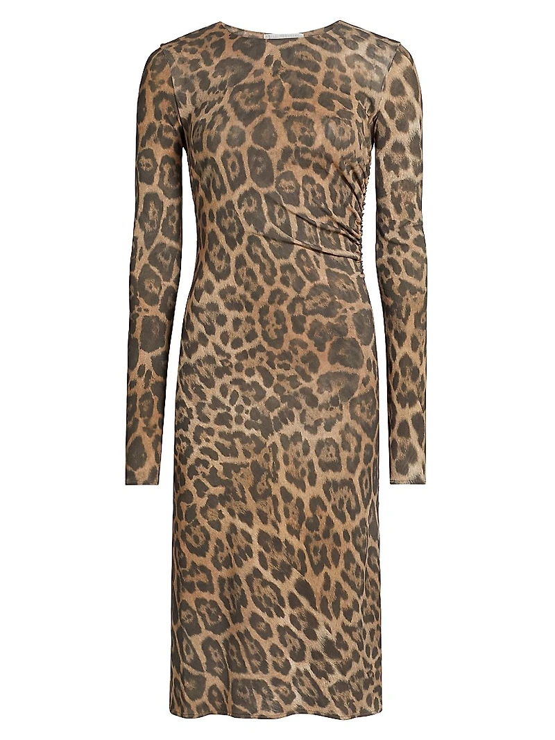 Leopard Mesh Long-Sleeve Midi-Dress