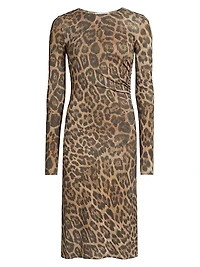 Leopard Mesh Long-Sleeve Midi-Dress