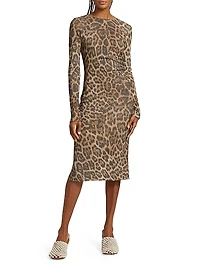 Leopard Mesh Long-Sleeve Midi-Dress