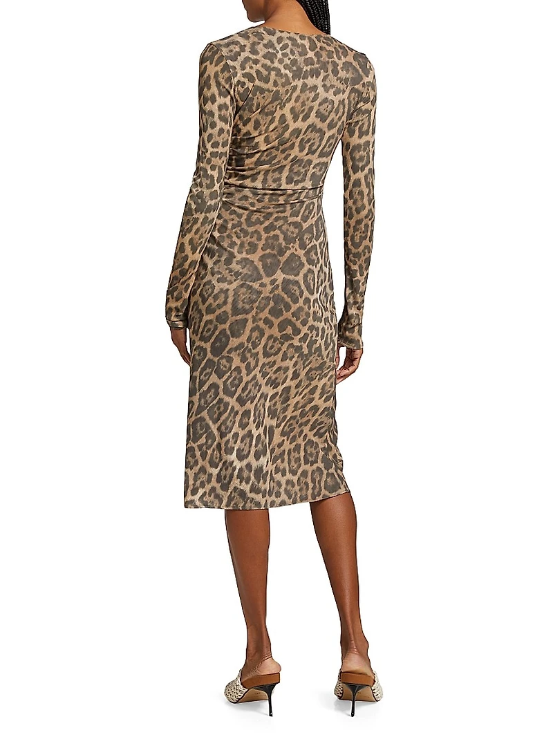 Leopard Mesh Long-Sleeve Midi-Dress