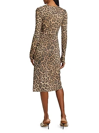 Leopard Mesh Long-Sleeve Midi-Dress