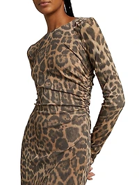 Leopard Mesh Long-Sleeve Midi-Dress