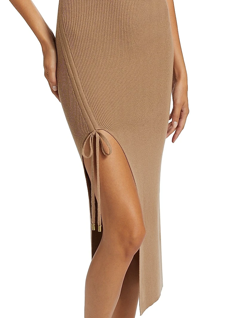 Ruched Rib-Knit Midi-Dress