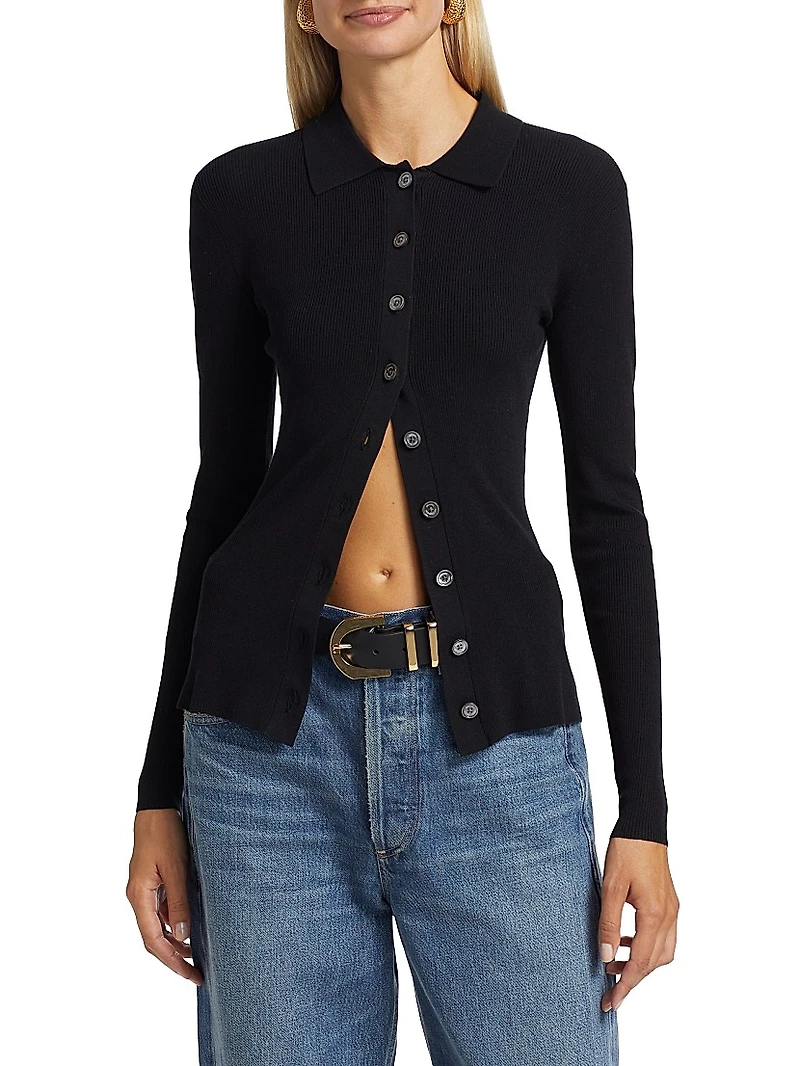 Rib-Knit Button-Front Cardigan