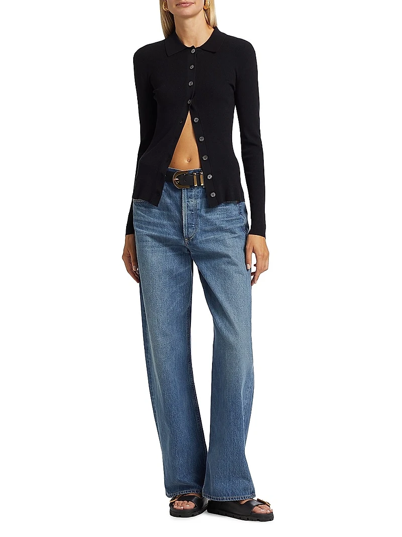 Rib-Knit Button-Front Cardigan