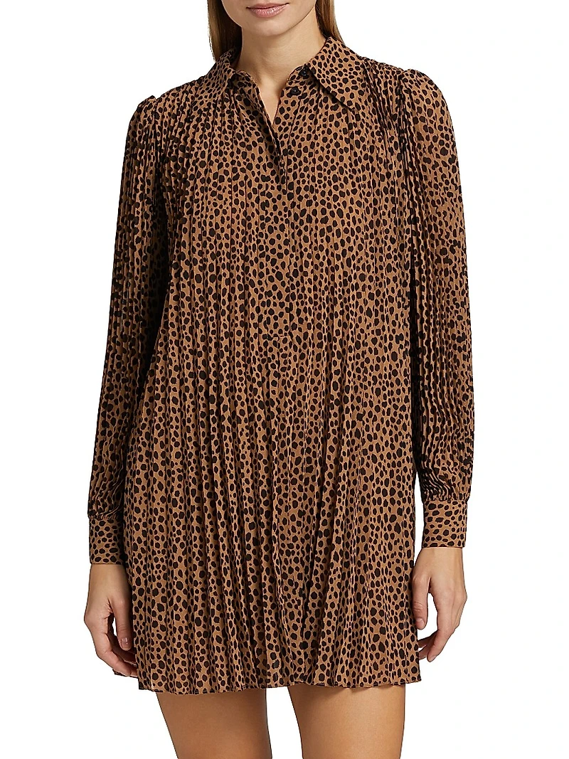Cheetah Pleated Long-Sleeve Minidress