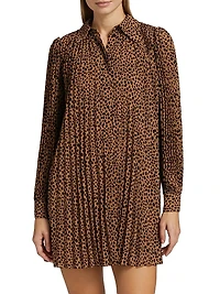 Cheetah Pleated Long-Sleeve Minidress