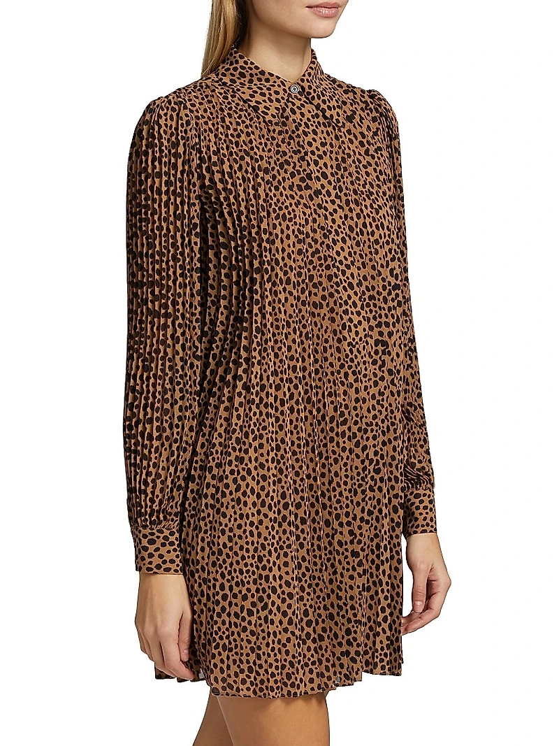 Cheetah Pleated Long-Sleeve Minidress