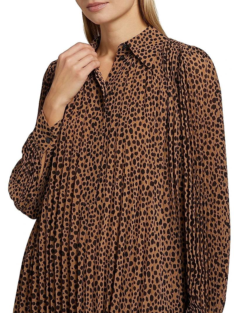 Cheetah Pleated Long-Sleeve Minidress