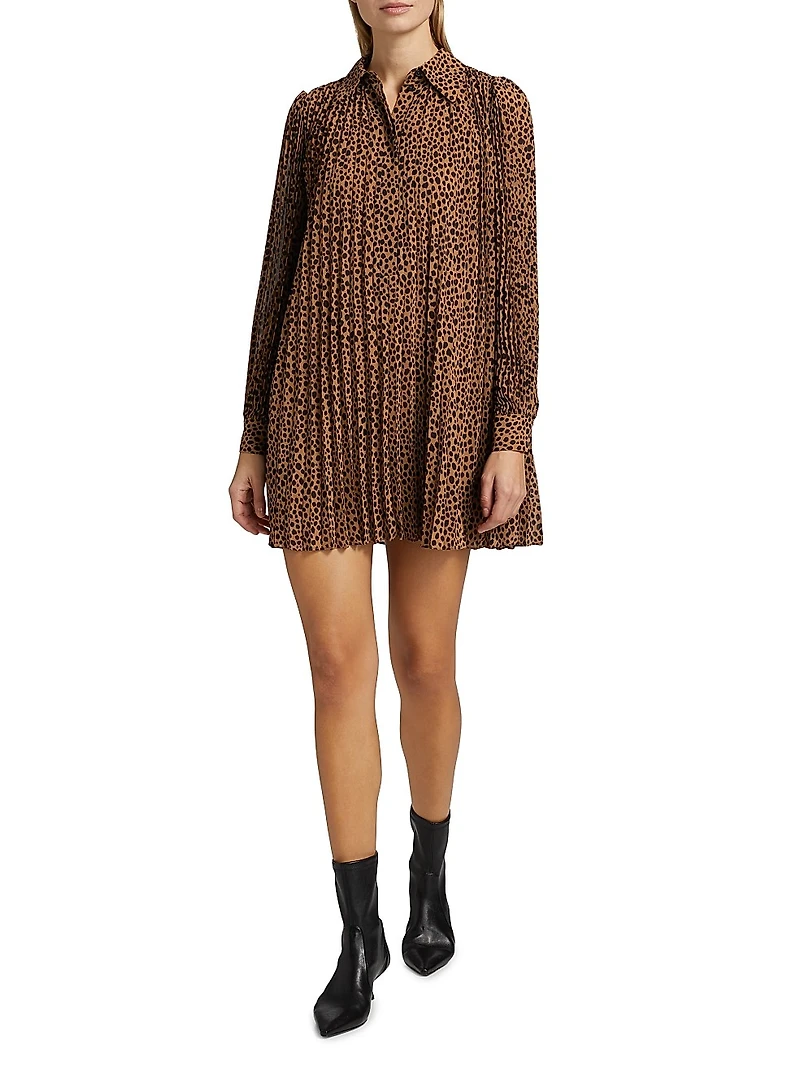 Cheetah Pleated Long-Sleeve Minidress