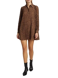 Cheetah Pleated Long-Sleeve Minidress