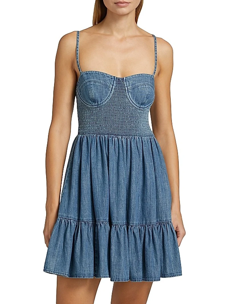 Smocked Denim Bustier Minidress
