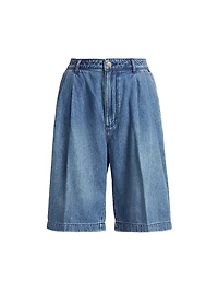Pleated Denim Bermuda Shorts