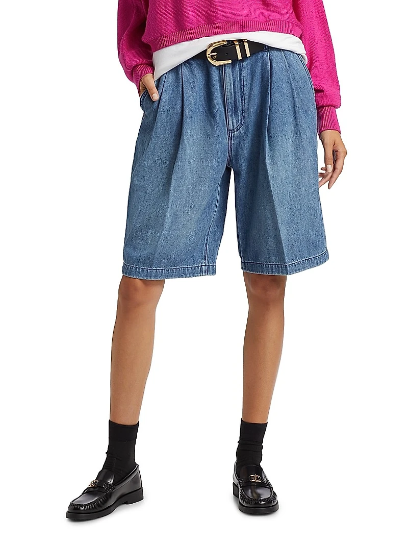 Pleated Denim Bermuda Shorts
