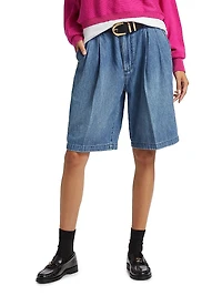 Pleated Denim Bermuda Shorts