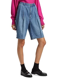 Pleated Denim Bermuda Shorts