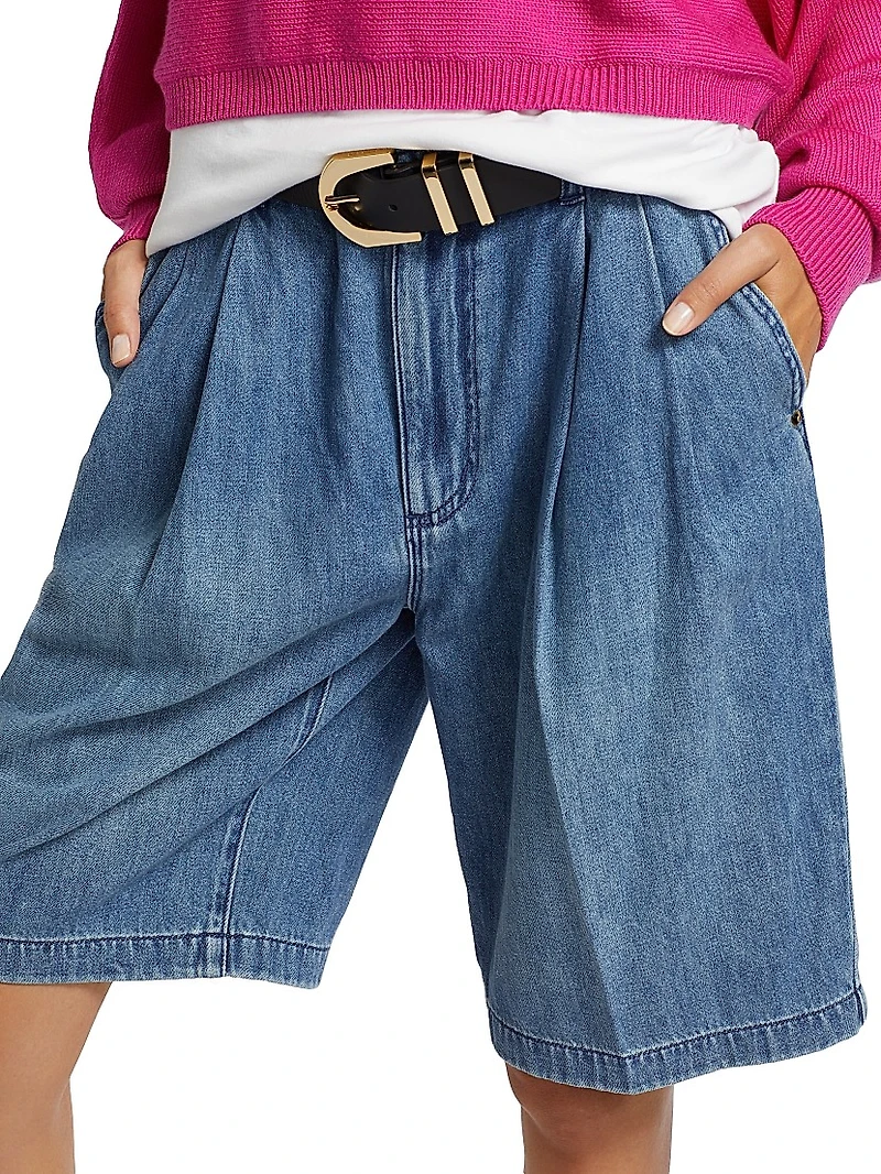 Pleated Denim Bermuda Shorts