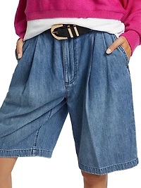 Pleated Denim Bermuda Shorts